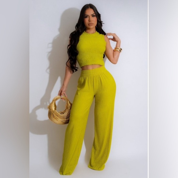 Cyber Lime Green Two Piece Sleeveless Crop Top Pants Set - Picture 1 of 9